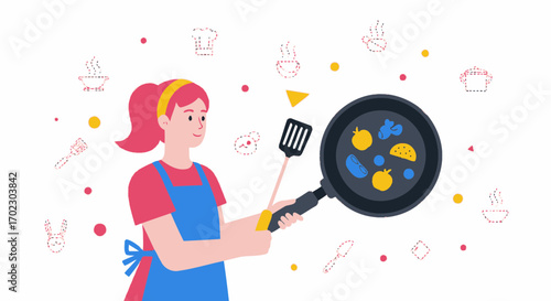 Illustration of a woman cooking with food in a pan, perfect for a cooking blog