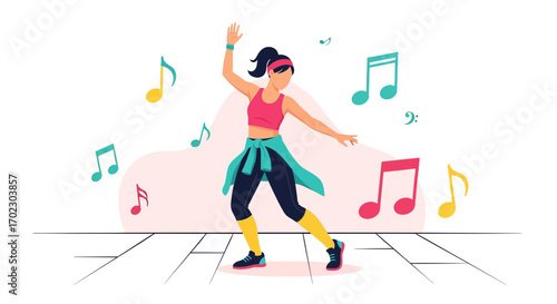 Illustration of a woman dancing with music notes in the background on white backdrop