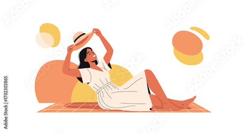 Joyful Woman Relaxing Under Sunshine, Holding Hat, Enjoying Summer Time Blissfully