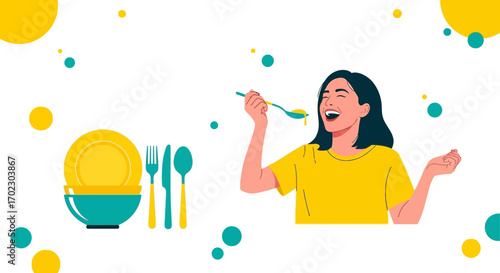 Joyful Woman Savoring Meal with Utensils and Plate, Vector Illustration for Food Content