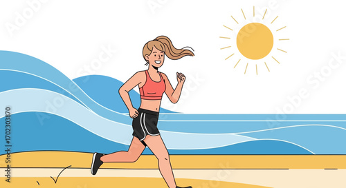 Joyful woman running on the beach enjoying the summer sunlight and a healthy lifestyle
