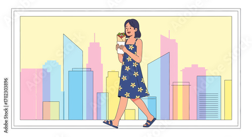 Joyful Woman Strolls Through Cityscape, Enjoying a Delicious Wrap on a Sunny Day