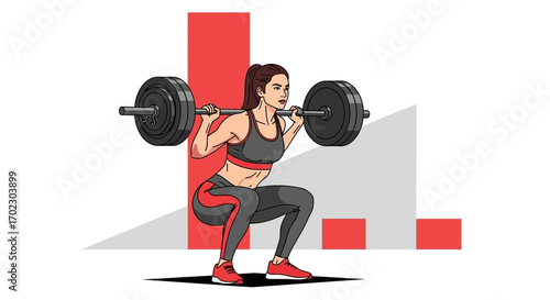 Illustration of a woman doing squats with a barbell in a weightlifting exercise