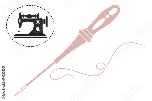 Sewing needle and thread with a vintage sewing machine icon