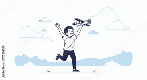 Joyful Young Boy Runs With Aeroplane Toy Across A Sky With Fluffy Clouds