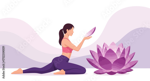 Illustration of a woman doing yoga, with a lotus flower and a relaxed, peaceful vibe
