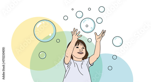 Joyful Young Girl Playing With Airy Bubbles Against Pastel Colored Background