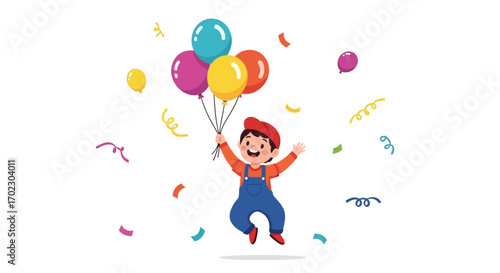 Joyful Youngster Celebrating With Balloons And Festive Confetti Flying Around