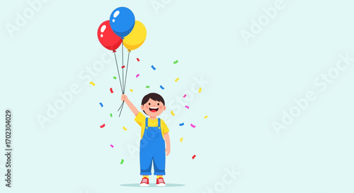 Joyful Youngster Celebrates With Balloons And Confetti In A Beautiful, Celebratory Scene