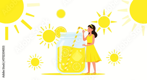 Illustration of a woman drinking lemonade on a sunny day, summer refreshment