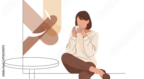 Illustration of a woman drinking coffee, enjoying a moment of relaxation and leisure