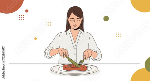 Illustration of a woman eating a steak, shows a moment of peaceful dining experience