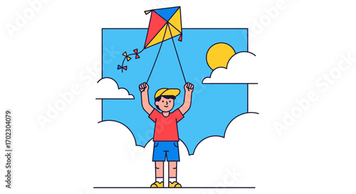 Joyful Youth Soaring A Colorful Kite Under A Bright Sky, Embracing Summer Fun