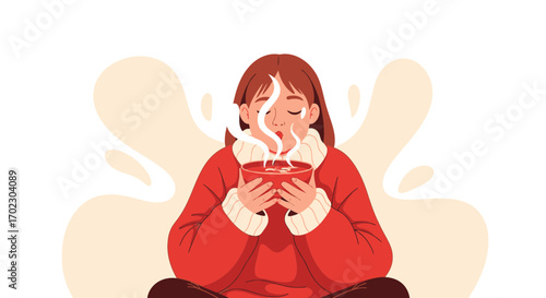 Illustration of a woman enjoying a bowl of hot soup to warm up and relax in winter