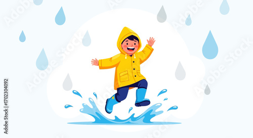 Joyous Child Plunging Through Puddle Wearing Waterproof Gear Embracing Rainy Day