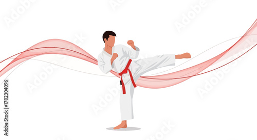 Karate Fighter Executing a Kick Against Abstract Red Wave Background Design