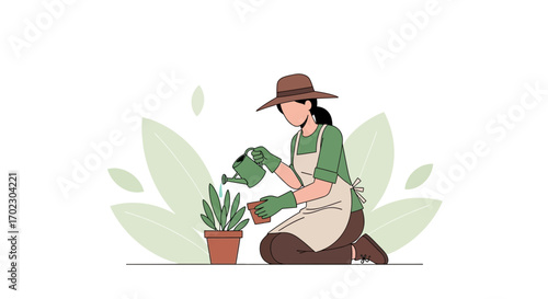 Illustration of a woman gardening, watering plants in a pot with a watering can