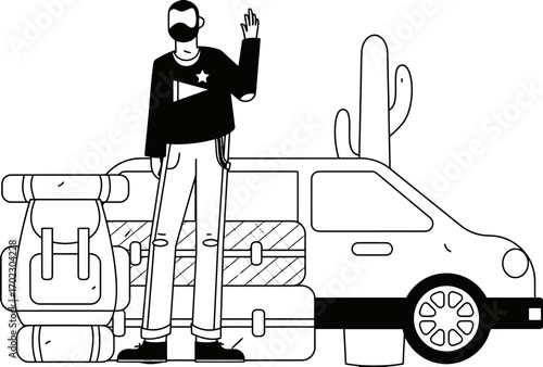 Adventure awaits with a cool traveler, car, and cactus illustration, perfect for travel blogs, stylish vacation promotions, and modern lifestyle content, making travel plans easy