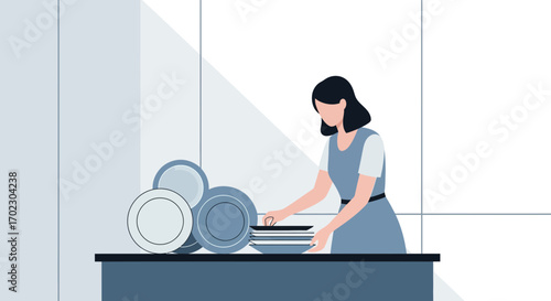Lady Arranging Dishes at a Countertop While Performing Domestic Tasks