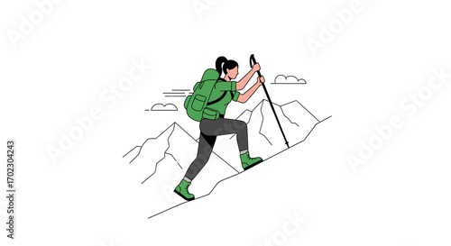Illustration of a woman hiking up a mountain with a backpack and hiking sticks
