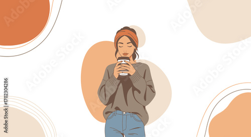 Illustration of a woman holding a coffee cup in a sweater and jeans background