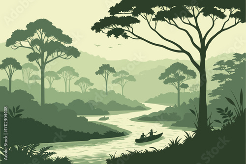 Two people in a canoe paddling down a winding river through a lush green jungle landscape