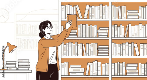 Librarian Choosing Book From Shelves Showing Various Literary Collection In Library