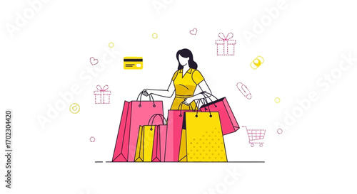 Illustration of a woman holding shopping bags, ready for a retail shopping spree