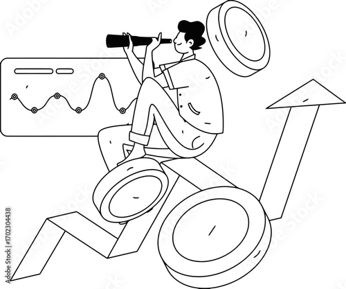 Visionary investor charting financial growth, riding upward trend arrow, analyzing data with telescope, seeking market opportunities, and predicting future success for investment firms