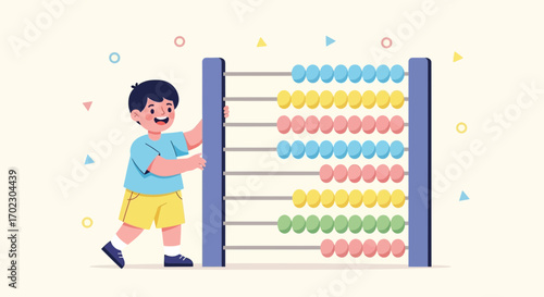 Little Boy Learning Math Using Abacus, Conceptual Illustration For Education and Mathematics