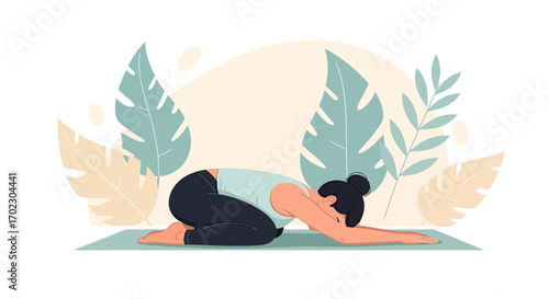 Illustration of a woman in a yoga pose with natural elements representing self-care