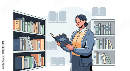Illustration of a woman in glasses reading a book in a library amongst bookshelves