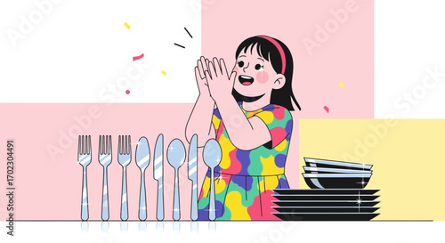 Little Girl Delighted Standing Beside Tableware Dishes Presenting Exuberant Applause