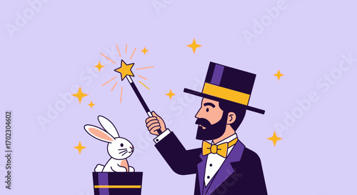 Magician performing a magic trick with a rabbit and a wand against a purple backdrop