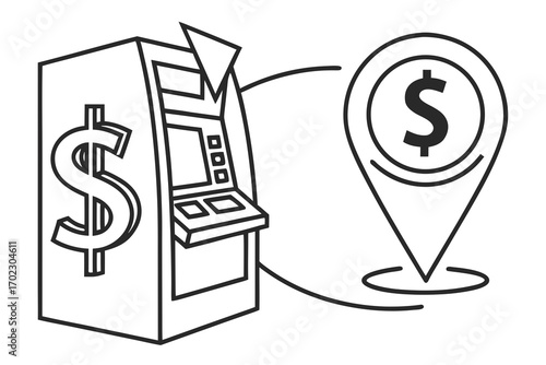 Atm machine with dollar sign and location pin icon