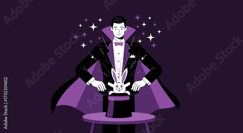 Magician performing a magic trick, a rabbit emerges from a hat to surprise onlookers
