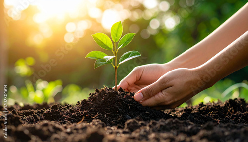 a person tending to plants in a garden setting with sunlight highlighting growth and nature.