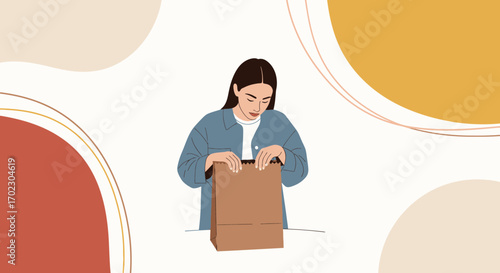Illustration of a woman looking into a brown paper bag, concept for delivery or shopping