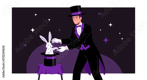 Magician performing a magic trick with a rabbit coming out of a hat in a mystical atmosphere