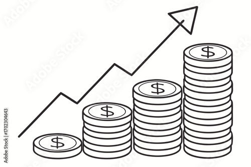Growing stack of coins with an upward trending arrow representing financial growth