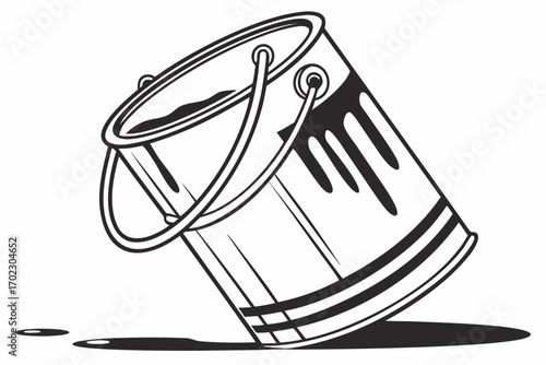 Black and white illustration of a tipped over paint can with dripping paint