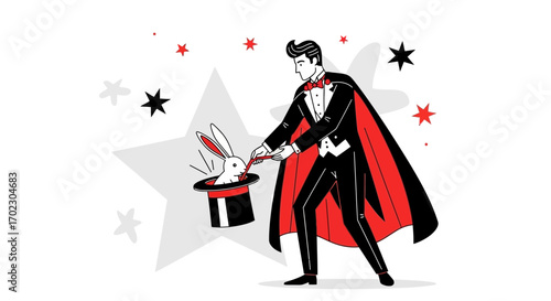 Magician performing trick with a rabbit out of a hat vector illustration isolated