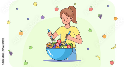 Illustration of a woman mixing a fruit salad in a bowl with various fruits