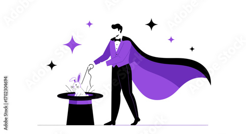 Magician Performing Magic Trick with Rabbit Emerging From the Top Hat, Illustration
