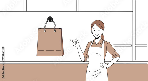 Illustration of a woman pointing at a shopping bag in a store or shop environment