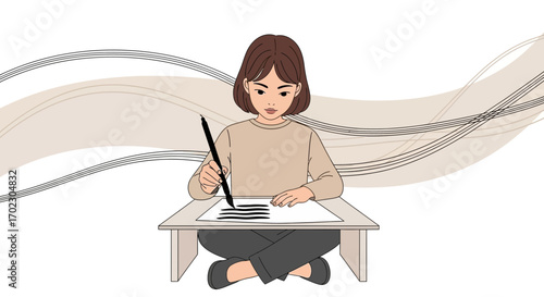 Illustration of a woman practicing calligraphy using a brush and ink on paper to write
