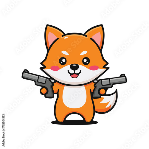 Cute cartoon fox holding two guns, creating a playful and slightly edgy vibe. The fox's cheerful expression and the guns create an interesting contrast, capturing attention