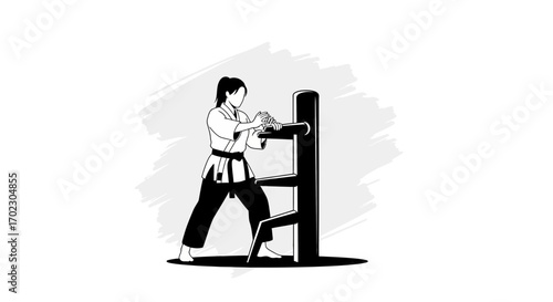 Illustration of a woman practicing martial arts with a wooden dummy in monochrome style
