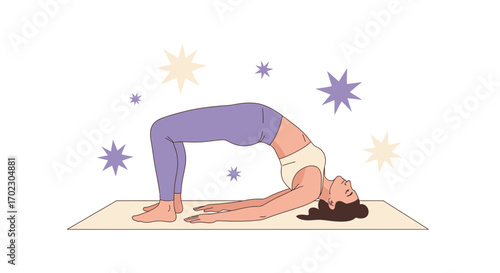 Illustration of a woman practicing the bridge pose yoga on a mat for healthy lifestyle
