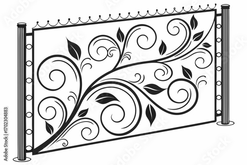 Ornate black wrought iron fence panel with floral scrollwork design